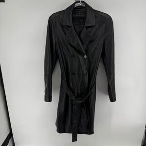 Marc New York Black Faux Leather Double Breasted Belted Trench Coat Jacket M